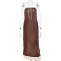 Abito lungo a fascia a pois marroni con bordo in pizzo bianco e un fiocco - S / caffè