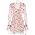 Abito aderente in mesh a fiori con scollo a V e maniche lunghe a campana stampate - S / Rosa Chiaro