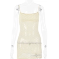 Eng anliegendes hellgelbes Mini-Spitzenkleid mit Blumenmuster und transparentem Stoff - S / Khaki