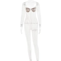 Tuta jumpsuit elegante in pizzo floreale bianco con maniche lunghe e dettaglio mesh - S / Bianco