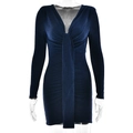 Abito corto blu scuro aderente a maniche lunghe con scollo a V e drappeggio - S / Blu