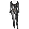 Tuta sexy nera a maniche lunghe in pizzo trasparente con motivo floreale e design a corsetto - S / Nero
