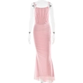 Pink corset slip dress with mesh butterfly details and ruffled mermaid hemline - S / Pink