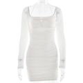 Slim fit white long sleeve ruched bodycon mini dress with square neckline design - S / White