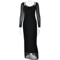 Slim fit black evening maxi dress with sheer mesh long sleeves and lace neckline detail - S / Black