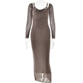 Slim fit brown mesh long sleeve dress with elegant ruching and backless design - S / Brown