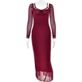 Slim fit burgundy long sleeve dress with lace trim and mesh layering for women - S / Burgundy