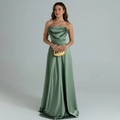 Detail of elegant sage green strapless satin evening gown with pleated bodice and A-line silhouette - S / Sage Green