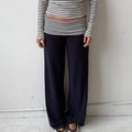 Pantaloni neri a gamba larga da donna con fascia in vita a righe risvoltata alla moda - L / Blu navy