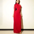 Detail of red halter neck dress featuring a unique floor-length side cape sleeve design - S / Red