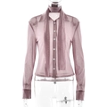 Camicia in tulle rosa antico a maniche lunghe con lacci al collo e bottoni frontali - Taglia S / Viola