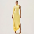 Elegant pale yellow halter neck slim-fit maxi dress with side slit and draped sleeve - S / Yellow