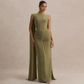 Detailansicht der olivgrünen ärmellosen Robe mit eleganter Raffung und Cape-Rücken - S / Grün