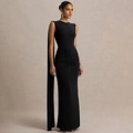 Elegantes schwarzes ärmelloses Abendkleid mit Seitenfalten und langem Cape-Detail - S / Schwarz