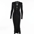 Vestido largo ajustado negro sexy con cuello en V profundo y detalle fruncido en cintura - S / Estándar / Negro