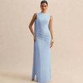 Detail of light blue backless evening gown featuring elegant waist pleats and a long cape - S / Blue