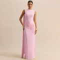 Detail of waist pleats and draped shoulder cape on this pink backless evening gown - S / Pink