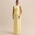 Dettaglio dell'abito da sera giallo chiaro senza maniche con eleganti drappeggi e mantella - Taglia S / Giallo