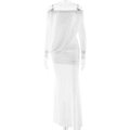 Elegante abito lungo bianco con spalle scoperte, maniche lunghe e vita arricciata - S / Bianco