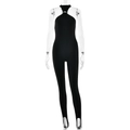Sexy black halter neck stirrup jumpsuit with metallic ring detail for women - S / Black