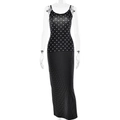 Abito lungo attillato con schiena scoperta a pois e spalline sottili stile chic - S / Nero