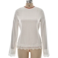 Élégante blouse blanche à manches longues avec col rond, aspect satiné et dentelle fine - S / Blanc