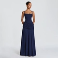 Elegante vestido maxi plisado azul marino con tirantes finos y un corte ajustado chic - S / Azul marino