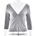 Slim fit deep V-neck backless T-shirt with lettuce trim in dark gray for women - S / Gray