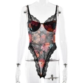 Women's floral mesh bodysuit with lace trim and underwire cups on a white background - S / Rainbow