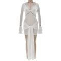 White slim-fit V-neck lace patchwork dress with long sleeves and elegant ribbons - S / White