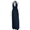 Detail of navy blue ruched waist and deep V-neckline on a floor-length evening dress - S / Navy Blue