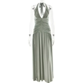 Detail of sage green halter neck dress showing the V-neckline and ruched waist fabric - S / Turquoise Green