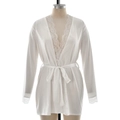 Short white satin robe with floral lace trim and waist tie for luxury loungewear - S / White