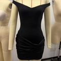 Slim fit black off-shoulder mini dress with elegant ruched detailing and V-neckline - S / Black