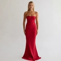 Elegant red strapless corset maxi dress with floor-length satin fishtail silhouette - S / Red