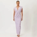 Eng anliegendes lila Maxikleid mit V-Ausschnitt und Raffung aus Stretchmaterial - S / Lila