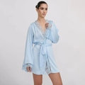 Elegant light blue satin robe for women with lace trim and waist tie for a silky look - S / Blue