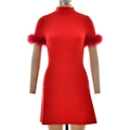 Red bodycon mini dress with mock neck and luxury feather sleeve details on white background - S / Red