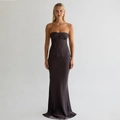 Elegant dark coffee strapless slim fit corset maxi dress with ruched detail and sleek satin finish - S / Coffee