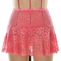 Chic rose pink sheer lace mini skirt with floral patterns and ruffled hemline on mannequin - S / Pink