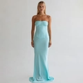 Elegant light blue corset maxi dress with strapless neckline and sleek satin finish - S / Blue