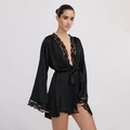 Elegant black satin lounge robe with intricate lace trim and waist tie for women - S / Black