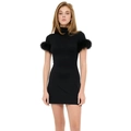 Elegant slim fit black mini dress featuring a high neck and chic feather trimmed sleeves - S / Black
