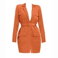 Robe blazer orange à manches longues avec ceinture et grandes poches à rabat - S / Orange
