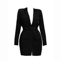 British style black long-sleeve blazer dress with belted waist and four utility pockets - S / Black