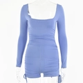 Detail of light blue square neck bodysuit featuring ruched sides and adjustable drawstrings - Dark Blue