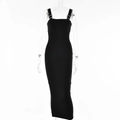Detail showing silver rhinestone square buckles on black midi dress shoulder straps - L / Black