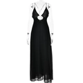 Detail der weißen 3D-Blume an sexy schwarzem Chiffon-Maxikleid mit V-Ausschnitt - S / Schwarz