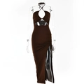 Detail of dark brown halter neck dress with crossover cutout design and side drawstring slit - M / Brown