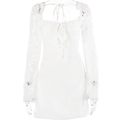 Vestido corto blanco con escote cuadrado, mangas largas de encaje floral y lazo - S / Blanco